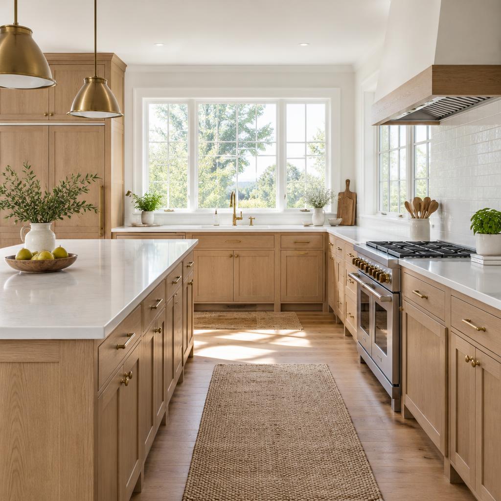 Illustrative renovated kitchen with oak cabinetry and natural light